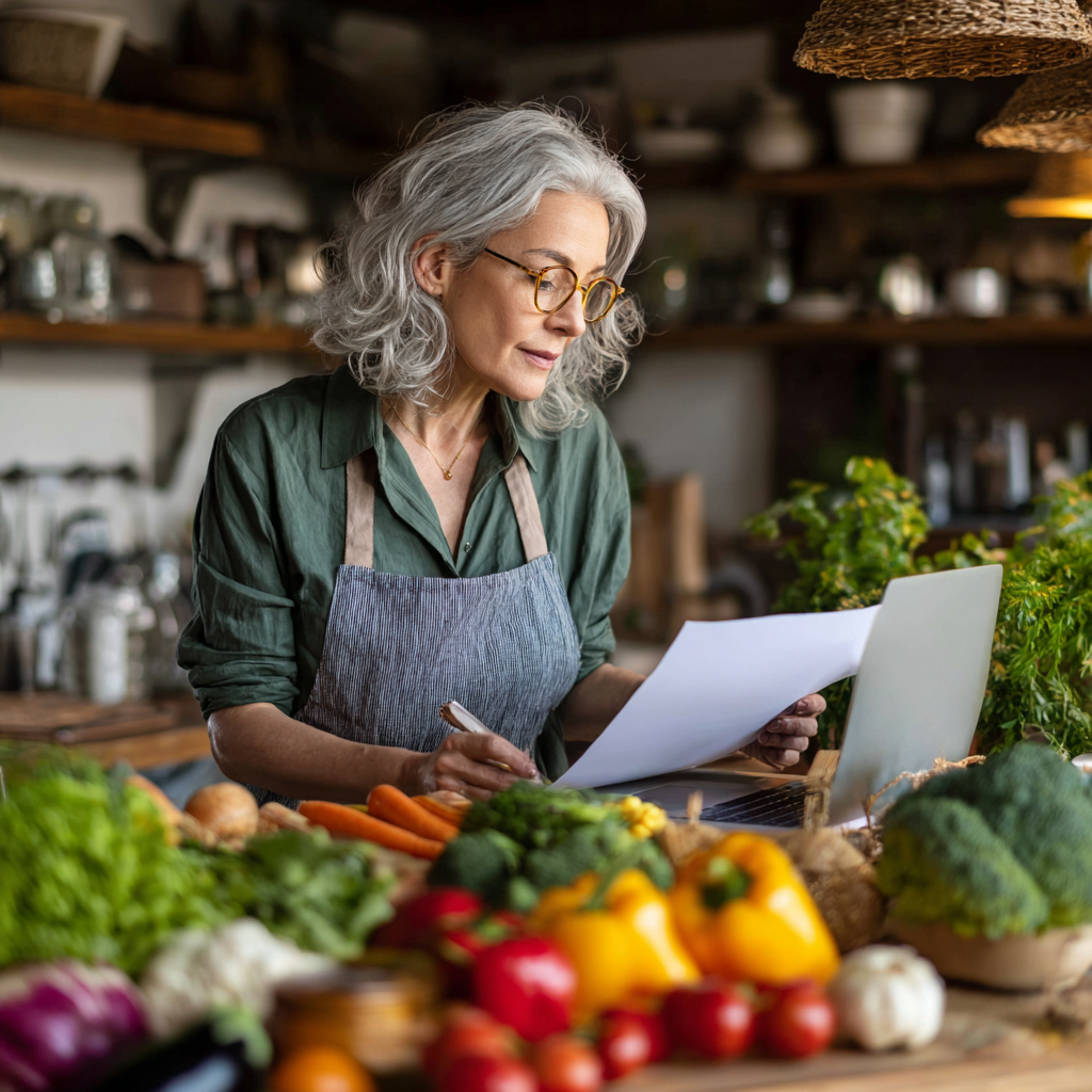 50 years old nutritionist preparing personalized meal plan with fresh ingredients