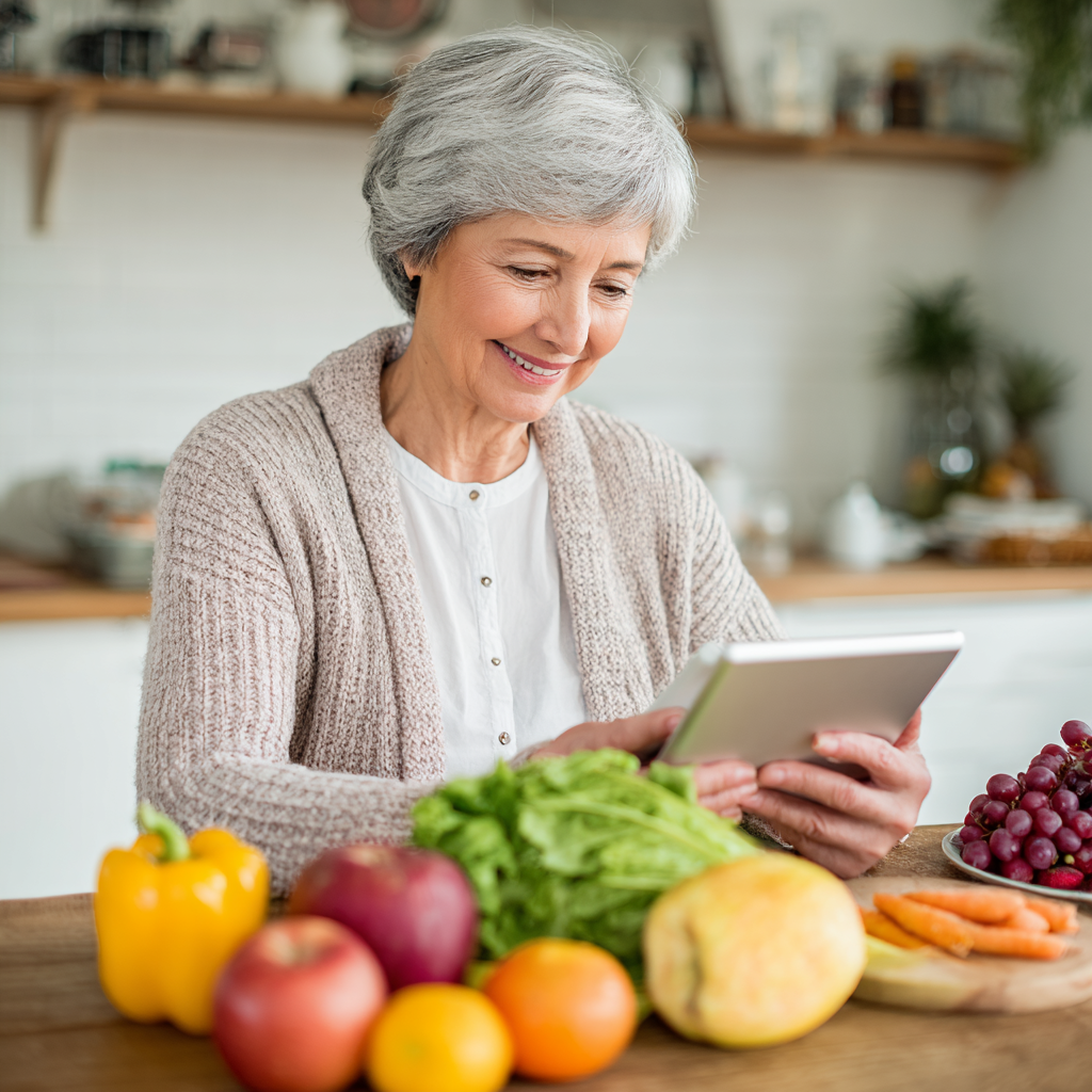 51 years old woman answering detailed nutrition questionnaire on tablet