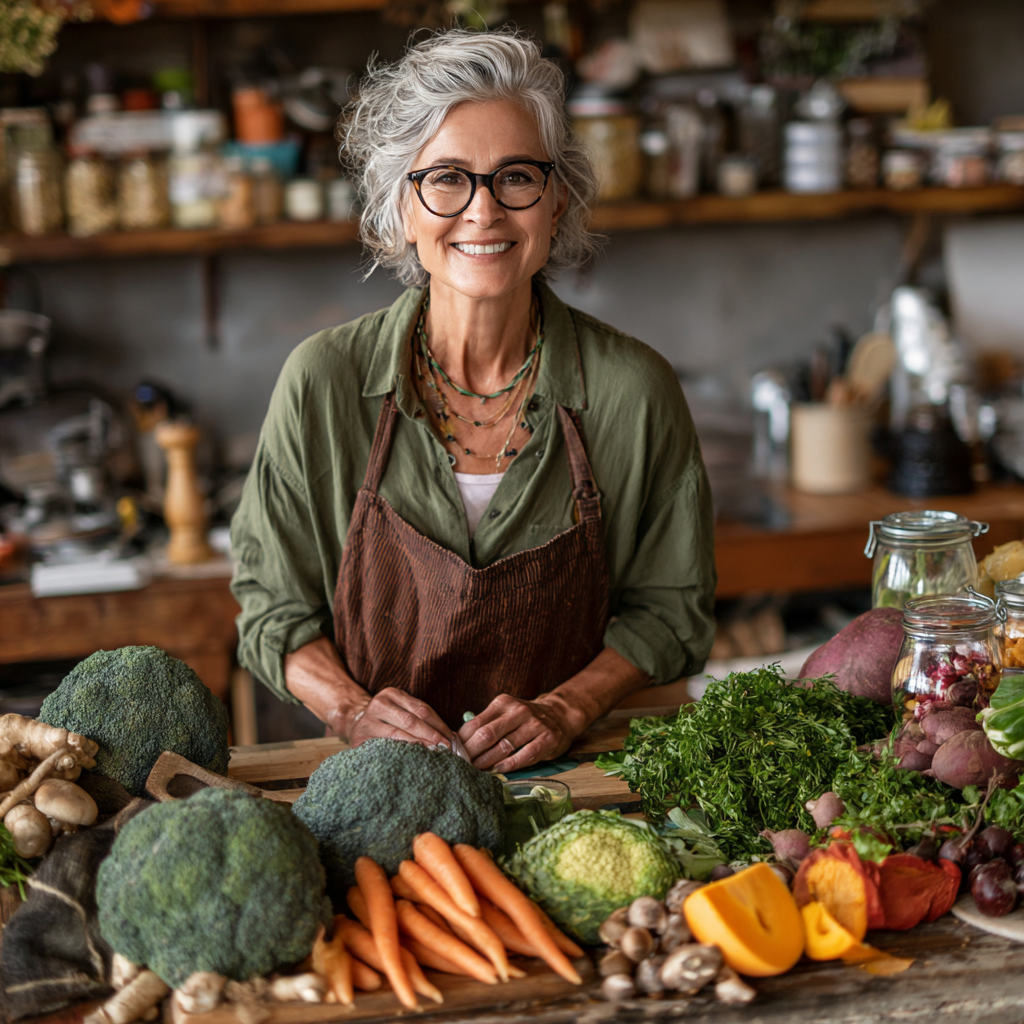 52 years old nutritionist creating personalized meal plan with fresh ingredients layout