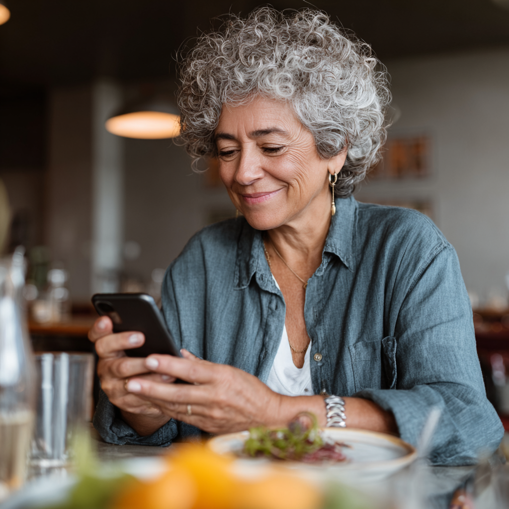 53 years old woman tracking nutrition progress on smartphone app with satisfaction